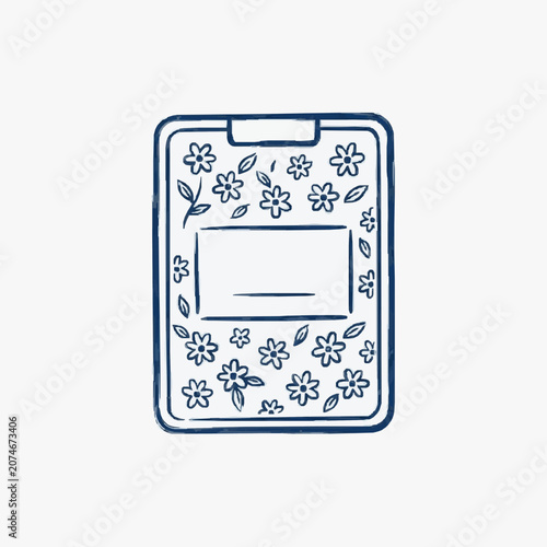 Hand drawn illustration of a clipboard with floral pattern.