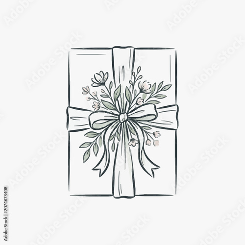 Hand drawn illustration of a gift box with floral decoration and ribbon.