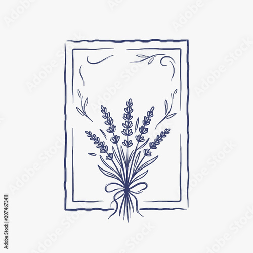 Hand drawn illustration of a lavender bouquet tied with a ribbon inside a decorative frame.