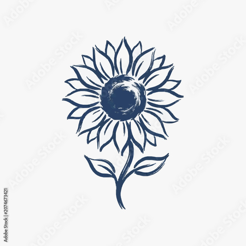 Hand drawn illustration of a single sunflower with stem and leaves.