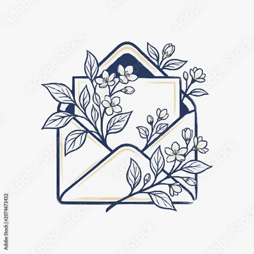 Hand drawn illustration of an open envelope with blooming flowers and leaves.