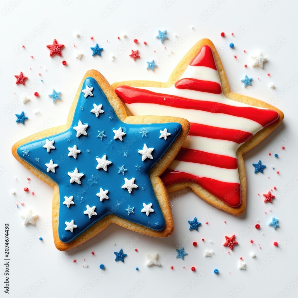 Fototapeta premium Two star shaped cookies decorated with american flag colors, sugar sprinkles on white background. These festive treats are perfect for patriotic celebrations, holidays. Enjoy these yummy baked goods.