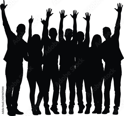 Group silhouette celebrating success with raised hands