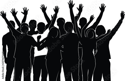 Silhouetted group celebration with raised arms