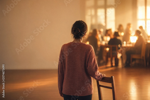 Woman standing alone watching a group gather in a warmly lit room, evoking feelings of loneliness, exclusion, or hesitation.