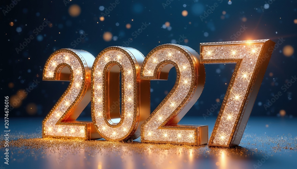 Fototapeta premium Golden 3D numbers 2027 sparkle with diamonds and lights. Festive New Year background with glitter confetti. Celebrate future, hope, and success with luxury.