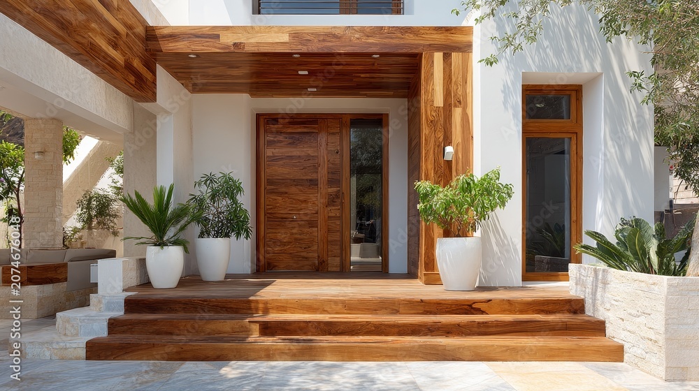 Fototapeta premium A modern entrance features rich wooden decking and a massive door, set against a white stucco background with potted greenery.