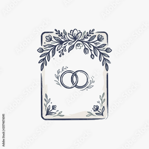 Hand Drawn Wedding Invitation Design with Rings and Floral Elements.