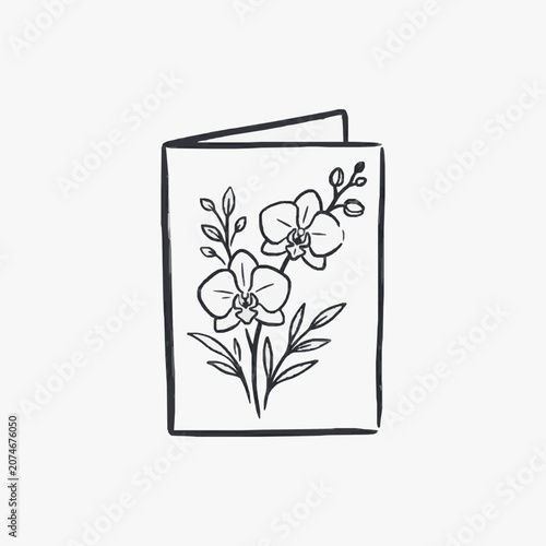 Hand drawn orchid flower illustration on a greeting card.