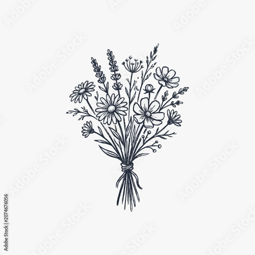 Hand drawn sketch of a wildflower bouquet tied with twine.
