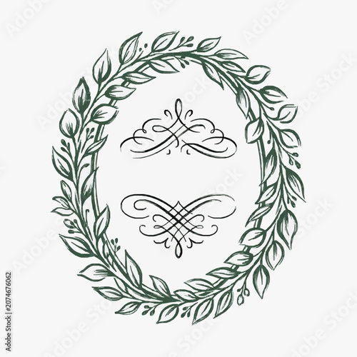 Hand Drawn Oval Laurel Wreath with Decorative Swirls Inside.