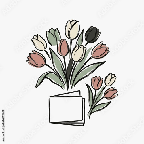 Hand Drawn Tulip Bouquet with Blank Card.