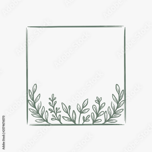Hand Drawn Square Frame with Botanical Leafy Border Design.
