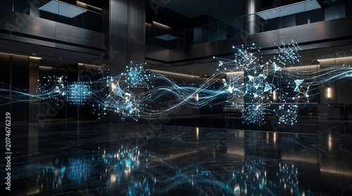 Futuristic digital particle wave floating in a dark premium luxury lobby interior representing advanced network technology and data flow