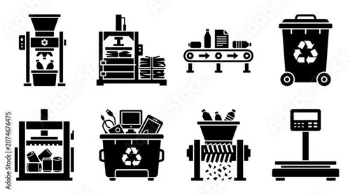Set of eight solid black industrial recycling and waste management machine icons