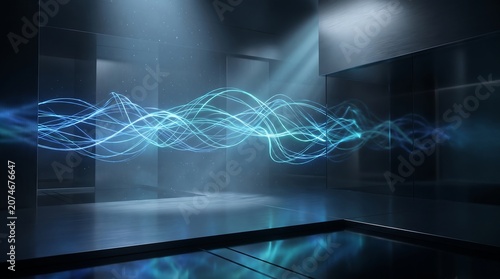 Abstract futuristic glowing waves illuminating a modern architectural space with reflections