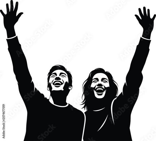 Joyful couple celebrating with raised arms silhouette
