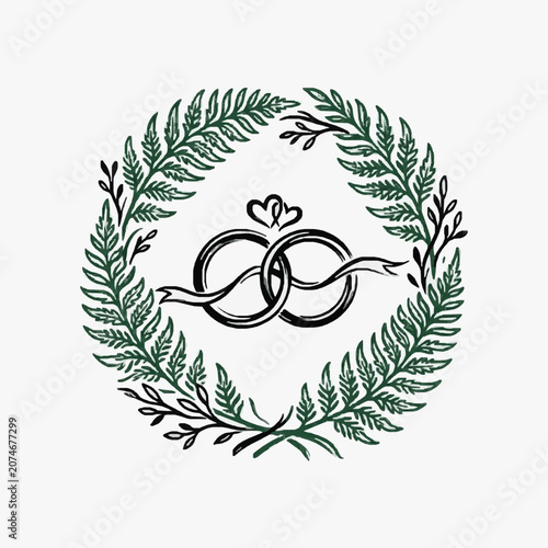 Intertwined wedding rings adorned with a ribbon and hearts framed by a lush green fern wreath.