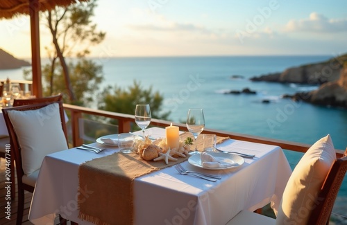Elegant restaurant table set for two on ocean terrace. Candle and seashells centerpiece decorates setting with white tablecloth and sea view. Relaxing seaside dining ambiance.