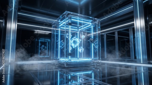 Futuristic glowing blue cube in a dark, sleek, modern laboratory environment with swirling mist, representing advanced technology and AI infrastructure