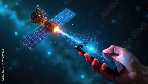 Satellite transmits data beam to mobile phone. Futuristic connection concept for global digital communication and internet access. Person holds smartphone in hand receiving signal from space.