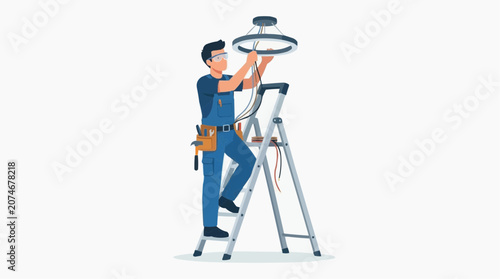 Flat cartoon male electrician in blue uniform standing on stepladder installing ceiling light fixture with screwdriver, tools and ladder on white background