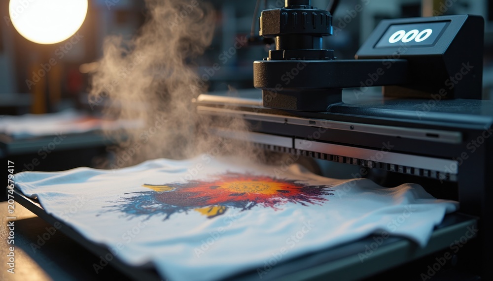 Fototapeta premium Direct to garment printer applies colorful design onto white t-shirt with steam. Custom apparel production machine finishes garment printing. Professional textile customization workshop.