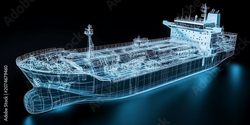 Digital blueprint hologram of large cargo ship displaying intricate internal components and systems for engineering.