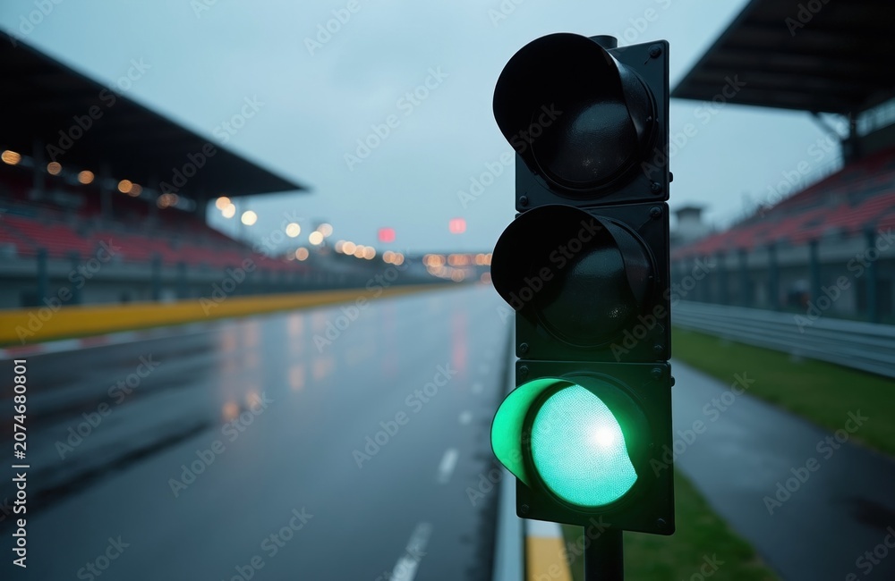 Obraz premium Race track traffic light shows green signal. Ready for start signal at motorsport event. Wet asphalt reflects lights in evening twilight. Safety and speed concept.