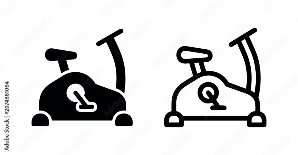 Obraz premium Stationary exercise bike icon in black fill and outline styles for home gym, fitness, and cardio workouts.