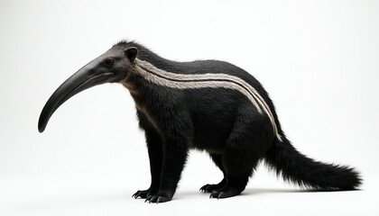 Giant anteater with long snout, striped fur stands on white background. Large mammal shows unique anatomy, wild nature. This rare creature has powerful claws, distinctive appearance for its habitat.