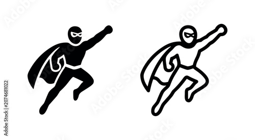 Tableau sur toile Flying superhero icon in black fill and outline versions, representing strength, courage, and power