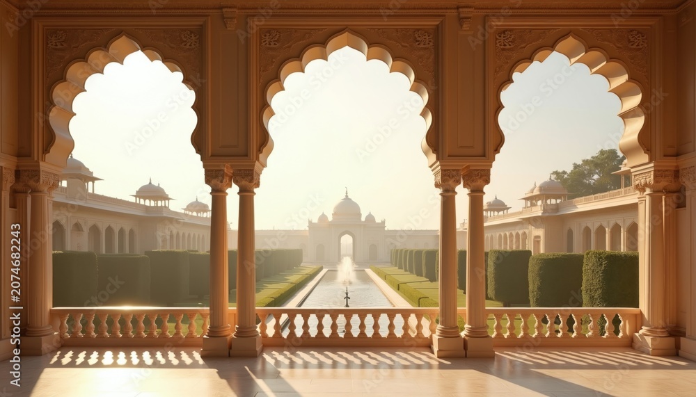 Obraz premium View from Indian palace balcony with arches. Symmetrical courtyard gardens with fountain, manicured bushes. Sunlit classical architecture, opulent dome structures, colonnades create majestic royal