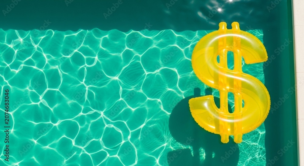 Fototapeta premium Yellow inflatable dollar sign floats in clear turquoise pool water with sunlight reflections, playful summer money concept