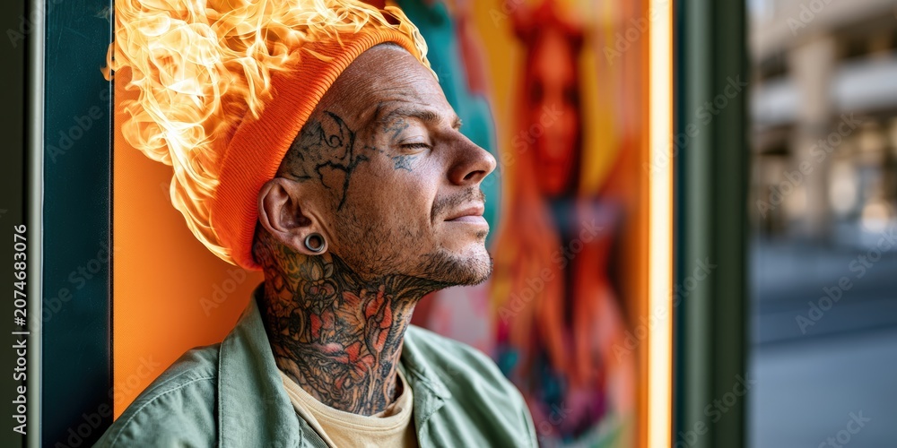 Obraz premium Young tattooed man with fiery beanie and closed eyes in urban setting