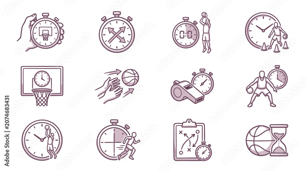 Fototapeta premium Basketball coaching and training icons with stopwatches.