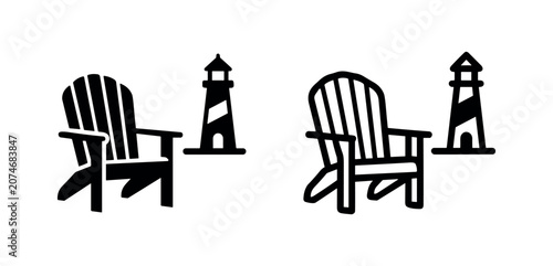 Konstfotografi Adirondack chair and lighthouse icon representing coastal living and relaxation, in solid and outline versions