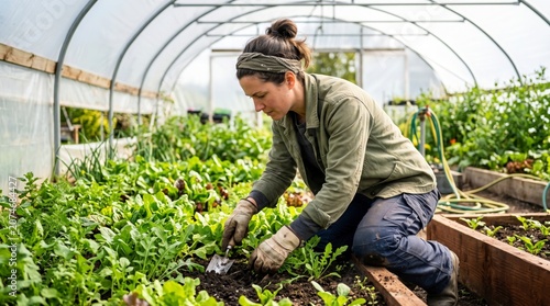 Woman gardening in greenhouse, planting seedlings
