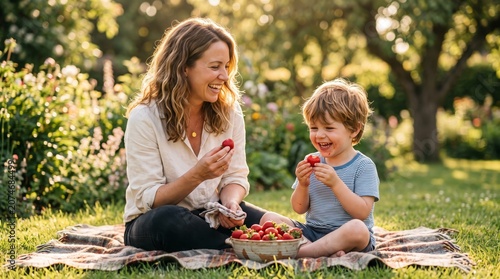 Mother and Child Bonding Outdoors in Sunny Park with Picnic Blanket