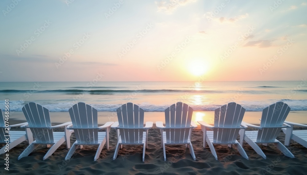 Obraz premium White beach chairs sit on sand facing calm ocean waves at sunset. Soft pastel sky reflects on the water. Peaceful evening coastal scene invites quiet rest.