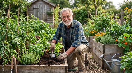 Man gardening in raised beds, smiling