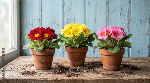 Colorful Potted Flowers on Wooden Table Indoor Setting