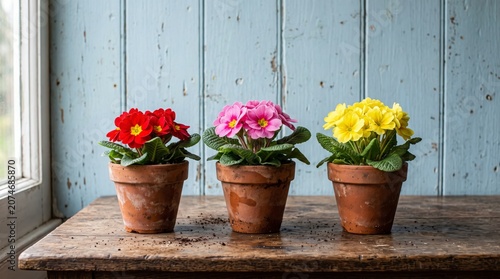 Three Potted Flowers on Wooden Surface Near Window in Soft Natural Light