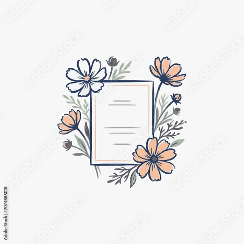 Minimalist line art floral wreath with blue and purple flowers.