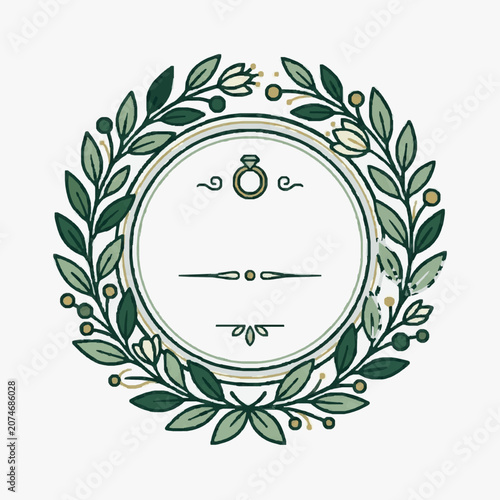 Minimalist line art floral wreath with decorative elements.