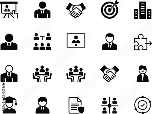 Black vector business and finance icon set with symbols for communication, money, internet, media, jobs, phone, web, computer and people illustration icons