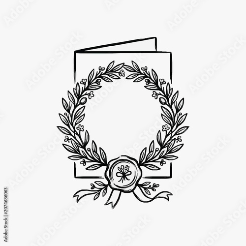 Minimalist line art floral wreath with sunflower and leaves.