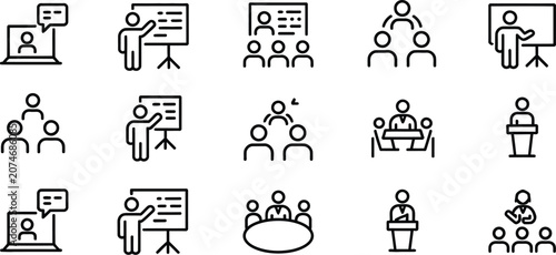 Set of medical and business web design vector icon set featuring robots, people silhouettes, cartoon characters, music and monster symbols, black illustration symbols and signs
