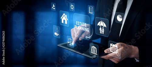 Schilderij op canvas Business Professional Engaging with Digital Estate Planning Tools and Icons in Modern Office Environment