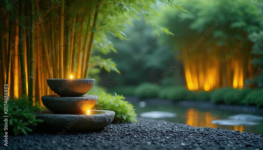 Fototapeta premium Tranquil garden scene with stacked stone bowls holding candles. Tall bamboo stalks glow with warm light near calm pond at night. Lush green plants and dark pebbles complete serene zen atmosphere.